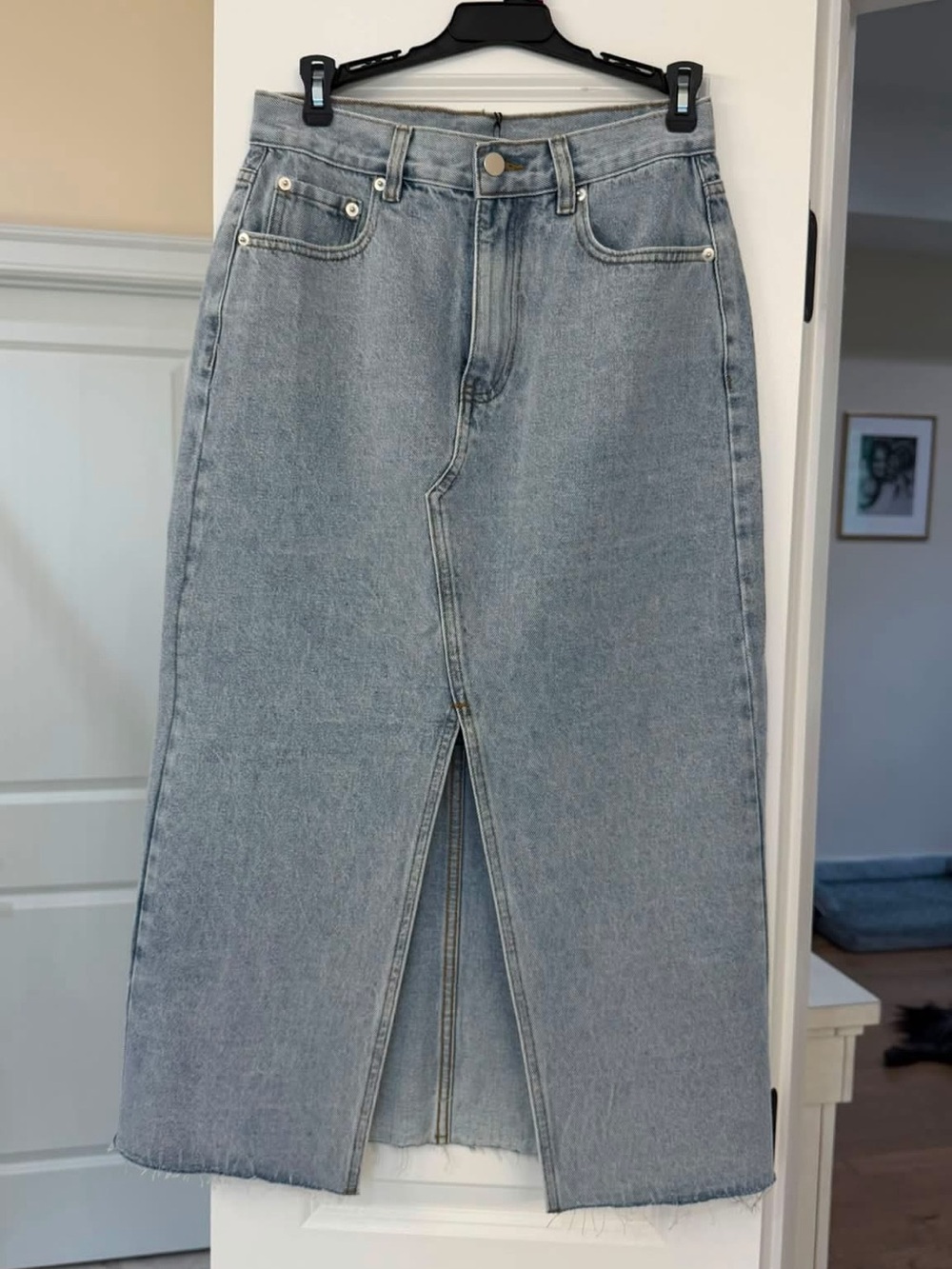 Light Wash Denim Midi Skirt with Front Slit